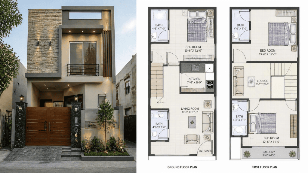 3 Marla independent house exterior and floor plan in Union Town