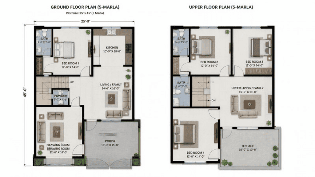Floor plan of a 5 Marla independent house in Union Town